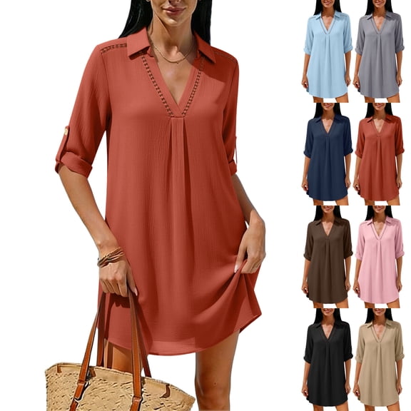 Mini Dress for Women Plus Size Solid Color Short Sleeve V-Neck Comfortable Casual Loose Beach Vacation Outdoor Sundresses For Women