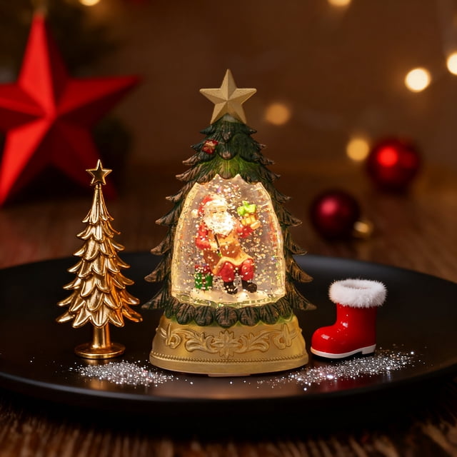 Mini árbol de Navidad con luz nocturna y cúpula de cristal | Adorno LED de escritorio para decoración navideña | Escena de nieve invernal con bolas y estrellas de colores | Regalo decorativo a pilas