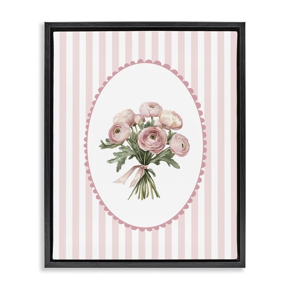 Peony Bouquet on Gentle Stripes Black Framed Floater Canvas Wall Art, design by Christine Simpson Art