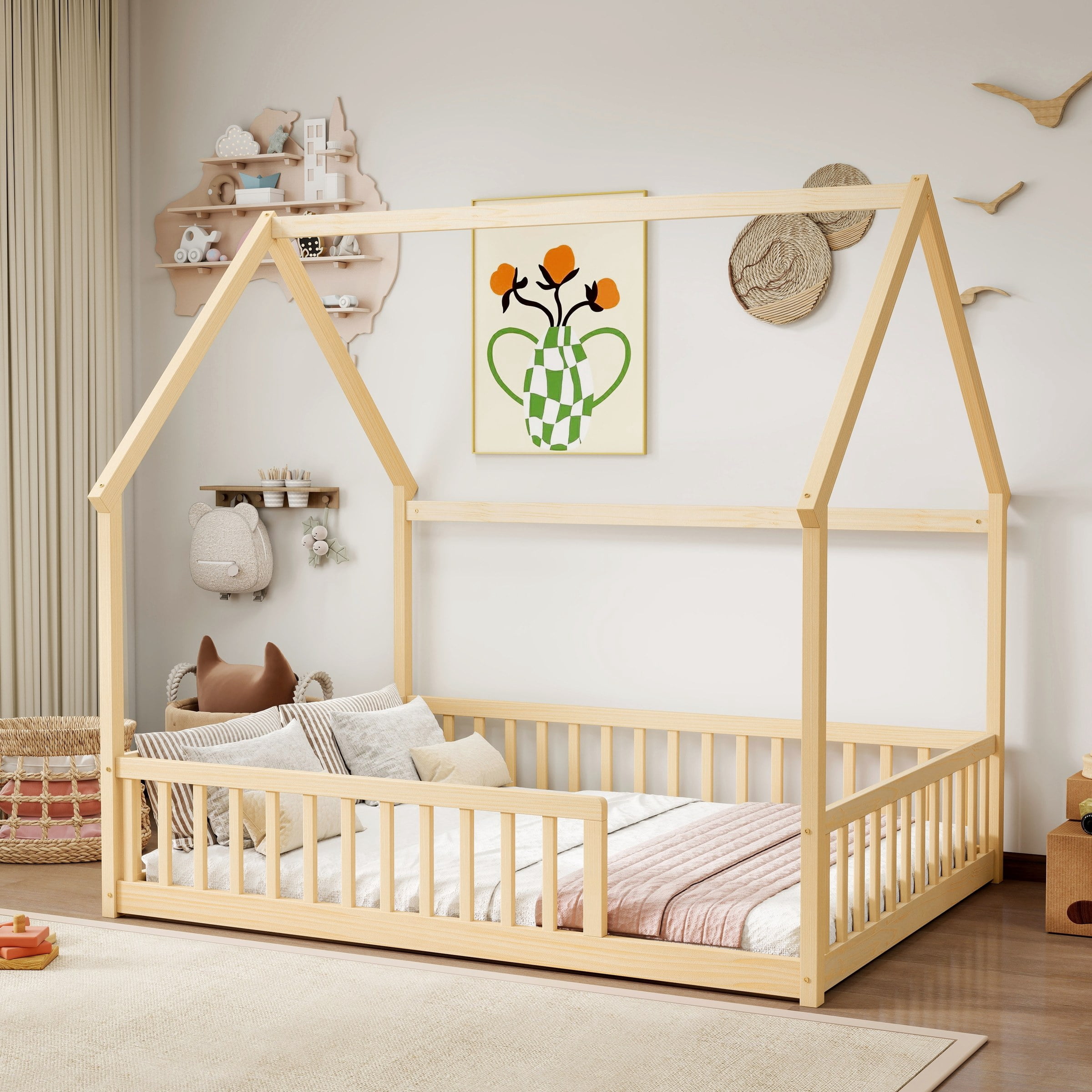 Full Size House Floor Bed with Roof Frame, Pine Wood Floor Bed with Safety Guardrails, Natural