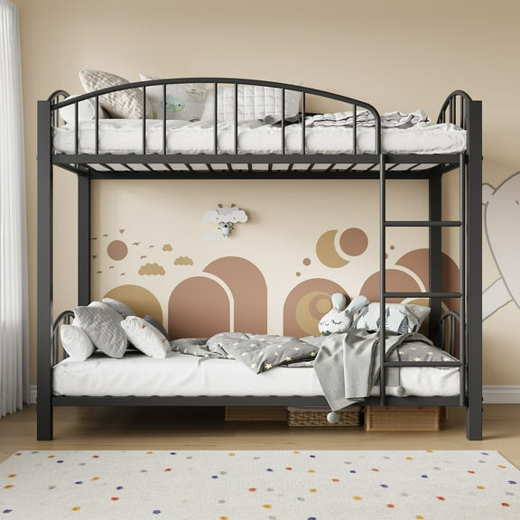 COZONY Twin Over Twin Metal Bunk Bed, Heavy Duty Steel Frame with Safety Guardrail & Ladder, Space-Saving, No Box Spring, Black