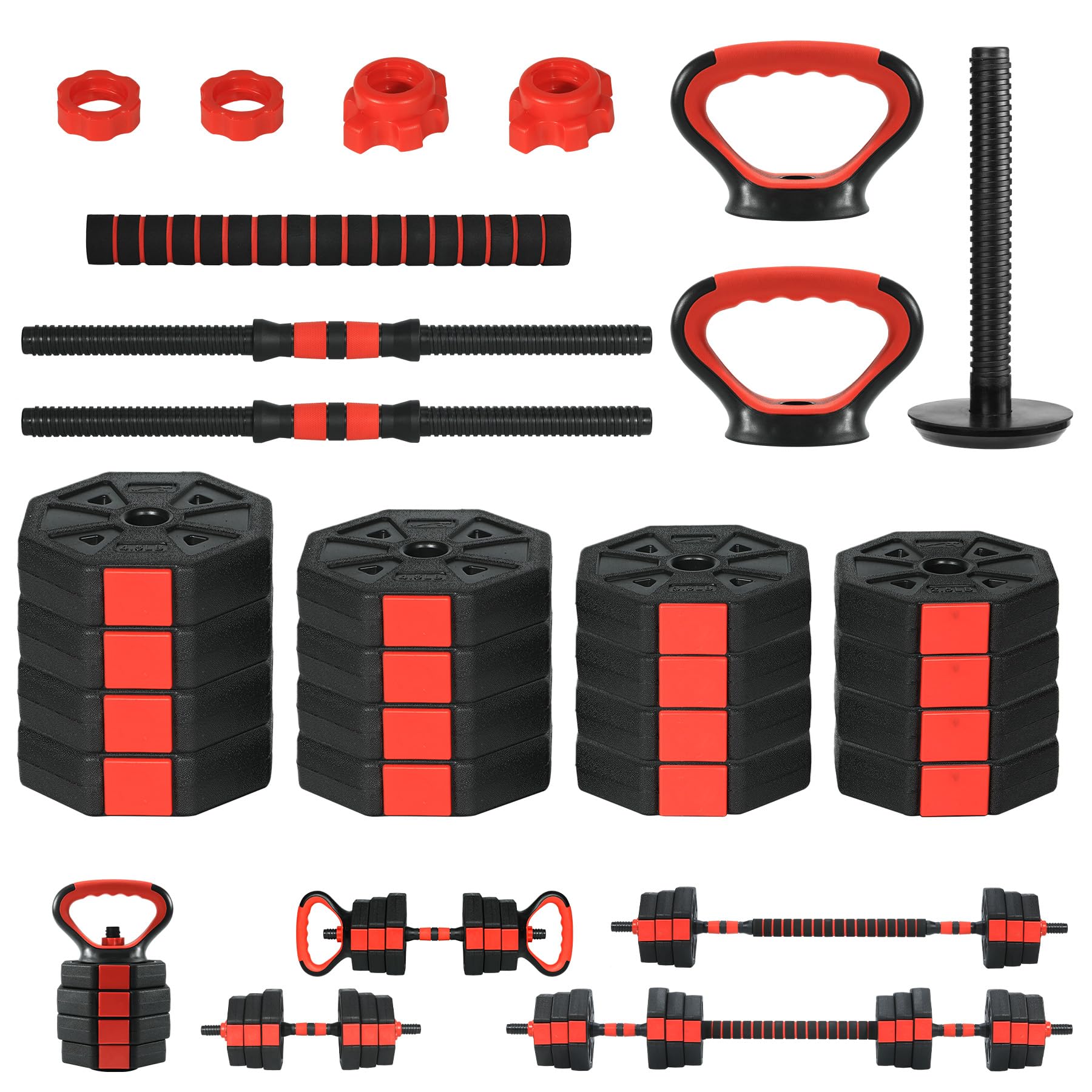 Kicctian 66 Lbs Adjustable Dumbbell Set – Free Weights for Home Gym, Converts to Dumbbells, Barbell, Kettlebells & Push Up Stand, Non-Slip Handles, Black and Red