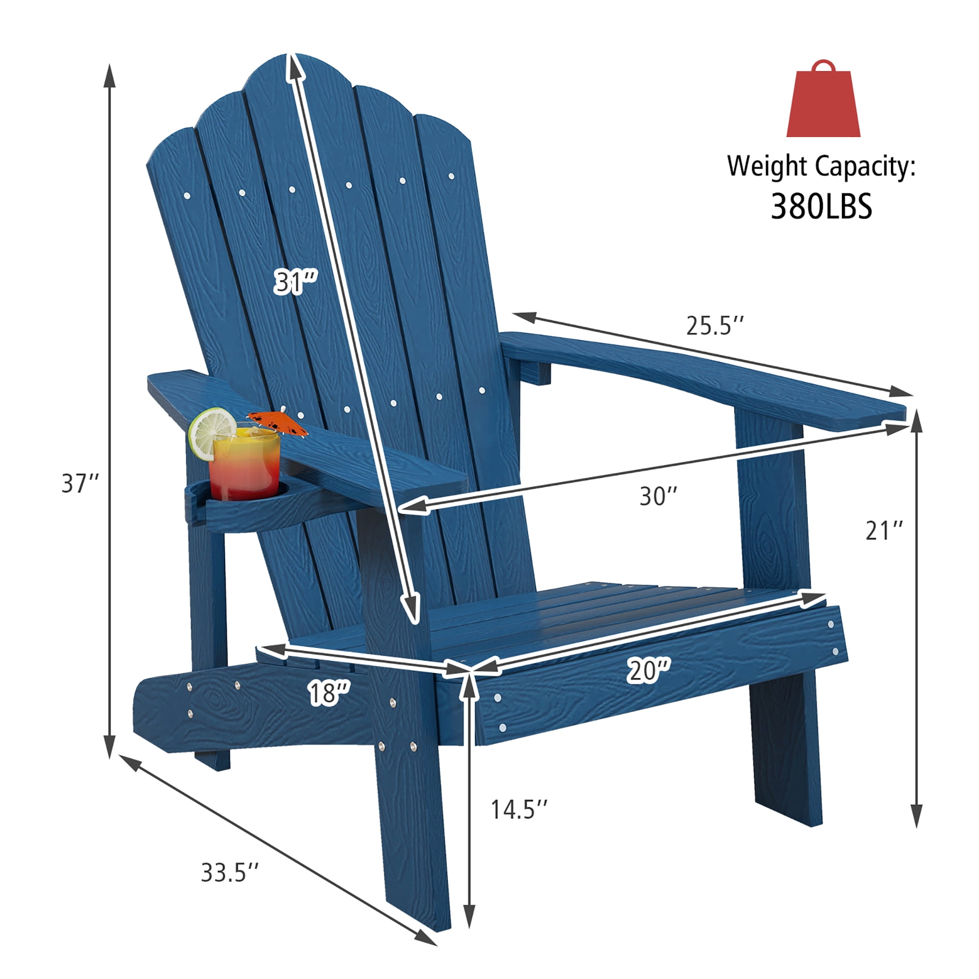 Gymax Patio HIPS Outdoor Weather Resistant Slatted Chair Adirondack Chair w/ Cup Holder Navy