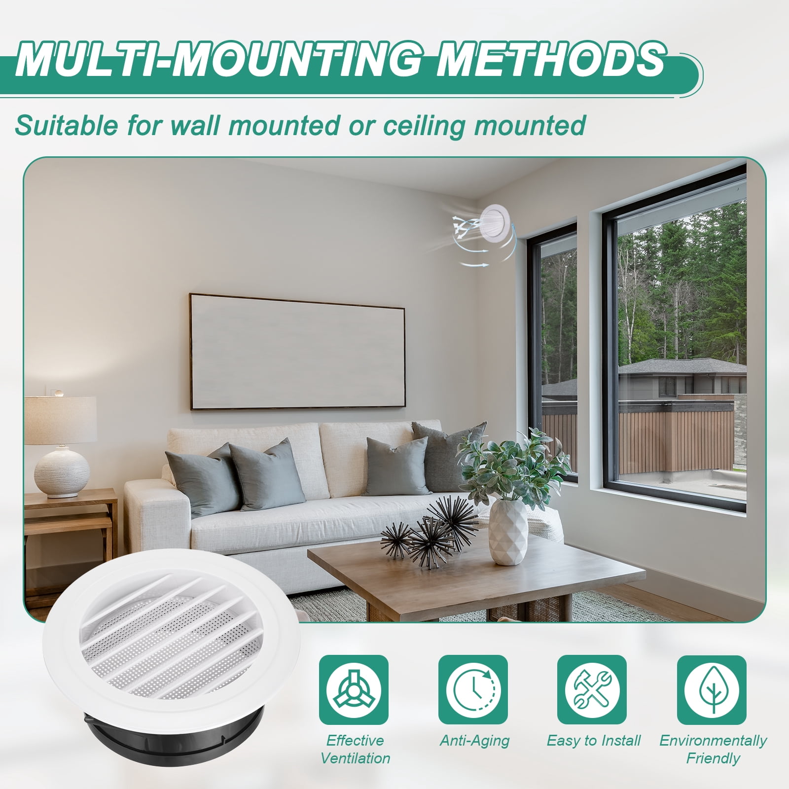 Uxcell 2pcs Soffit Vent 6" ABS Louvered Exhaust Vent Grille Cover Ceiling Diffuser with Built-in Screen Mesh for Home Bathroom Office Kitchen Ventilation System