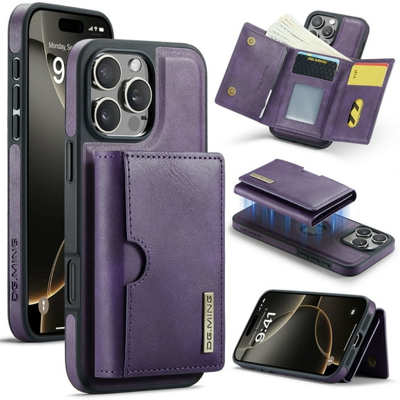 ELEHOLD Case for iPhone 16 Pro Max, Magnetic 2 in 1 Detachable Leather Wallet Case with Card Holder & Stand,Purple