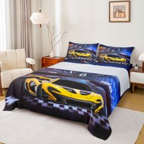 jejeloiu Extreme Sports Car Full Size Sheets,Racing Speed Bed Sheets,Yellow Race Car Sheet Sets For Boys Teens,Luxury Bedroom Decor,4pcs
