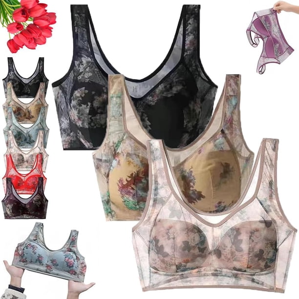 Foxyseniors Bra, ElleBloom Bra - Ultra Thin Ice Silk Lace Cooling Comfort Bra, Sujetadores Push Up inalámbricos sin Costuras para Mujer