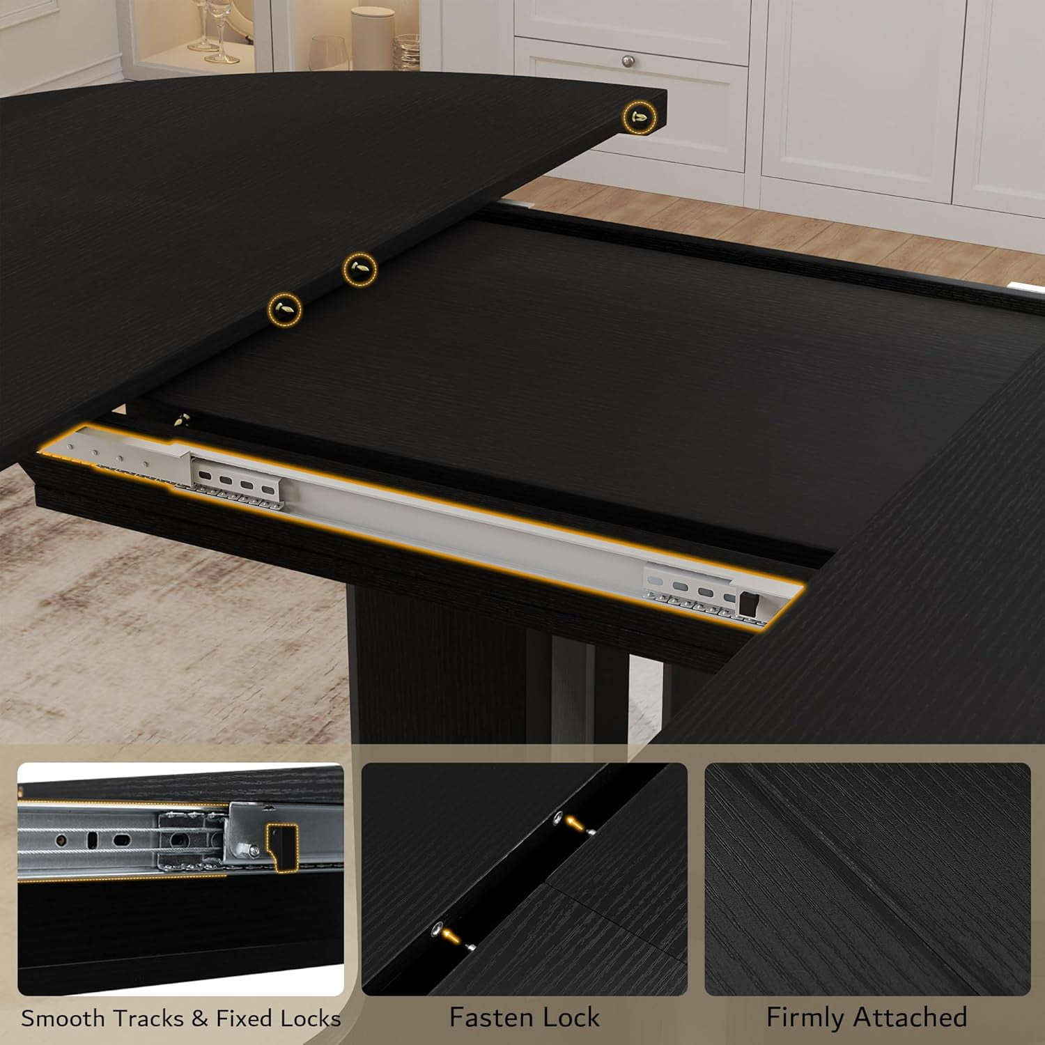 iPormis 59" Extendable Round Dining Table for 6, Modern Kitchen Table with Sturdy Wooden Base, Dining Room Table with Thickened MDF Board, Perfect for Small Space, Black