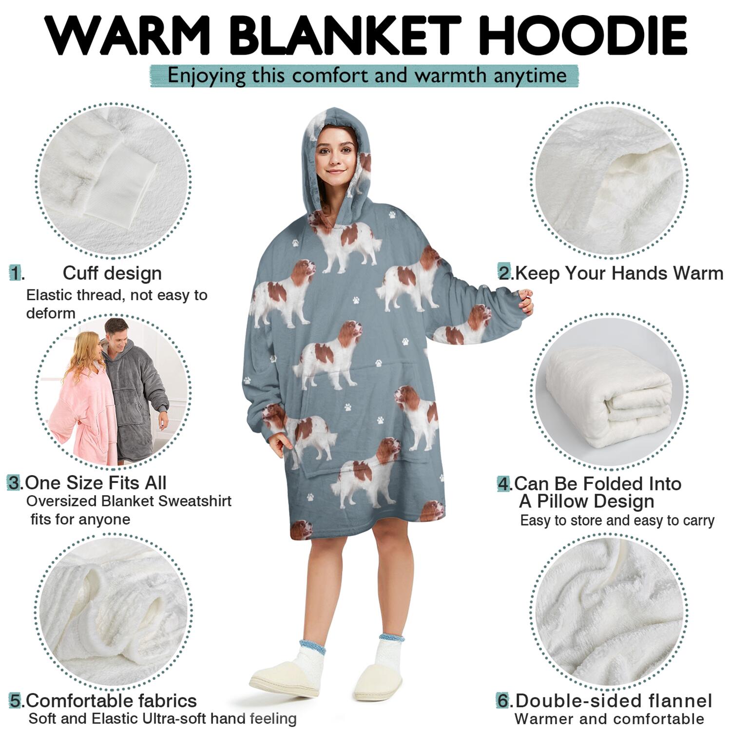King Charles Cavalier Wearable Oversized Blanket,Wearable Blanket Hoodie for Adults,Cozy Hooded Blankets with Super Pockets,Super Warm Fuzzy Pullover for Women & Men