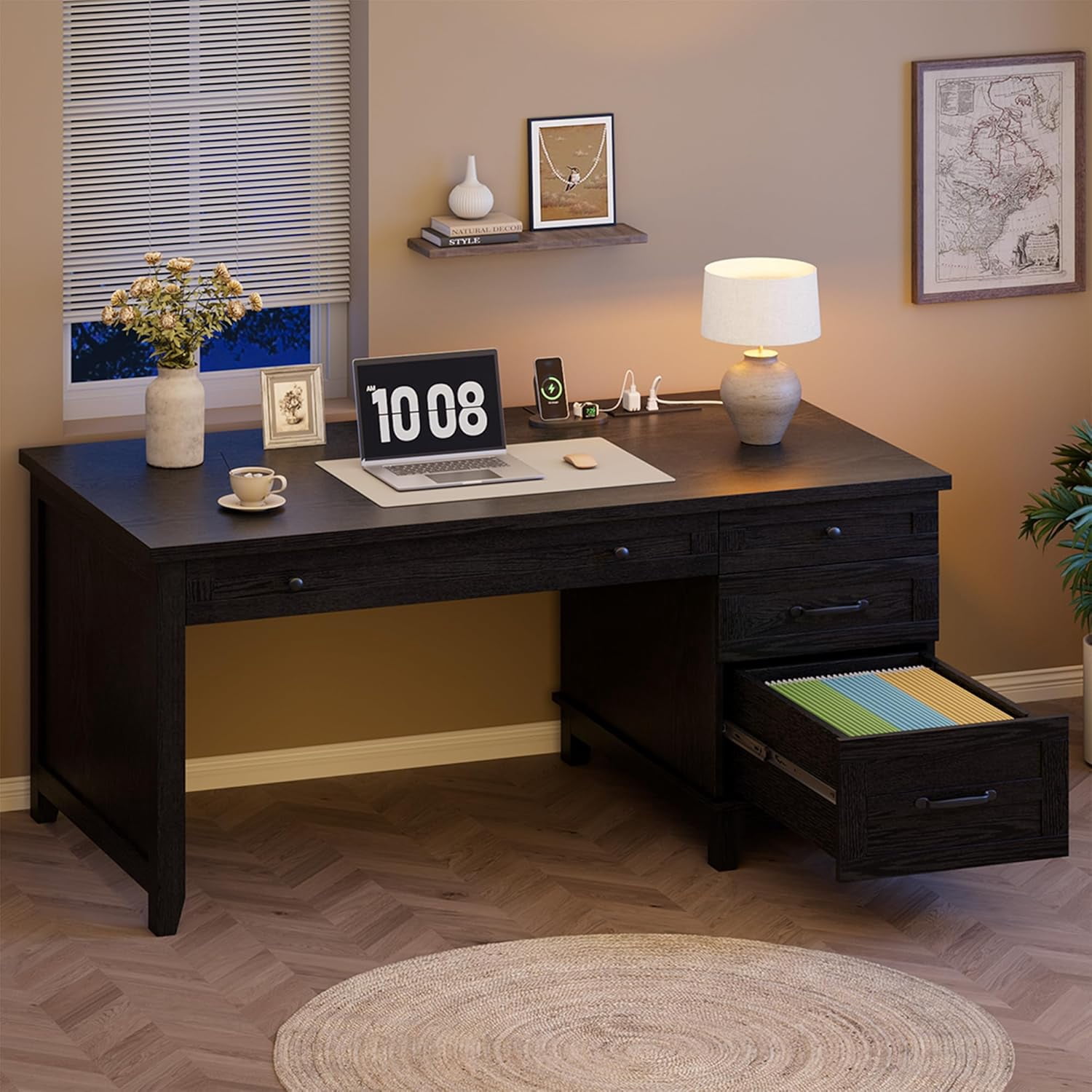 Farmhouse Office Desk with File Drawer, 53.5" Wooden Computer Desk, Executive Computer Desk Workspace for Home
