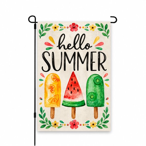 Garden Flag "Hello Summer" Ice Cream Design 12x18 Inch, Vibrant Floral & Fruit Art for Yard, Patio, or Porch Decor - Welcoming Seasonal Outdoor Accent
