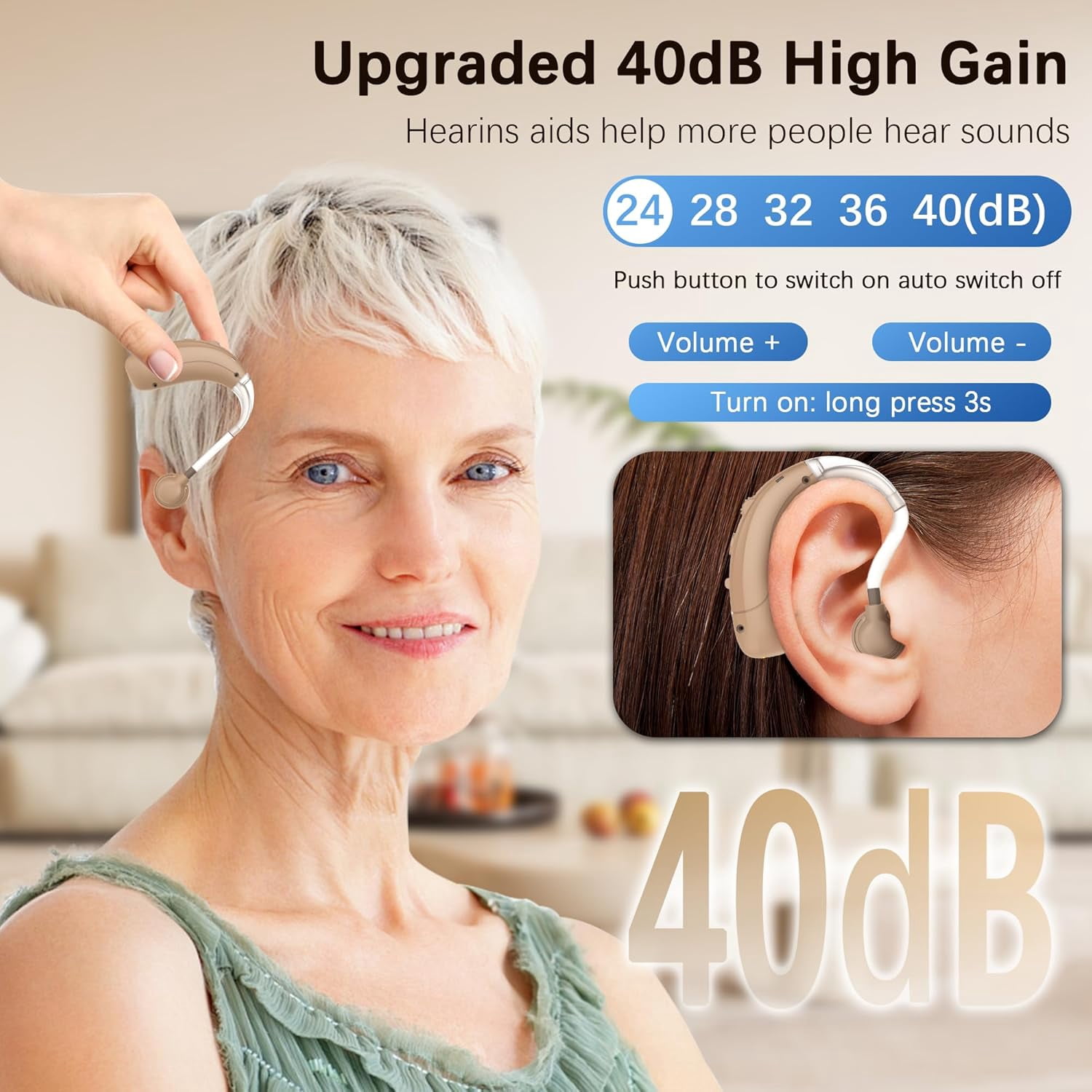 Hearing Aids for Seniors, Hearing Aids Rechargeable with Noise Cancelling and Volume Control, Hearing Amplifier for Adults Hearing Loss, Portable Behind-the-Ear Hearing Aid Headphones (Brown)