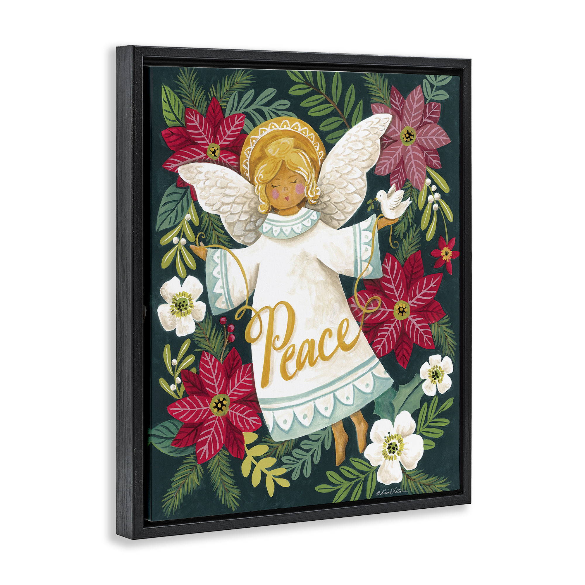 Angel with Peace & Botanicals Black Framed Floater Canvas Wall Art, design by Diane Kater