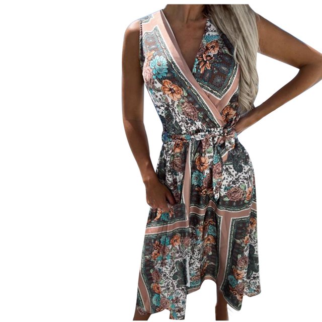 Vestido largo de verano para mujer, informal, sexy, sin mangas, estampado, con cuello en V, con cordones, delgado (cinturón incluido) Pompotops ghjkhdj9053