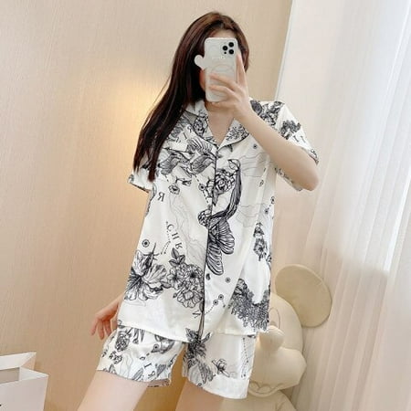 

DanceeMangoo Satin Pajama Sets Women Floral Casual Home Cozy Soft Breathable Kawaii Sweet Style Ulzzang Simple Ins Retro Summer Short Young