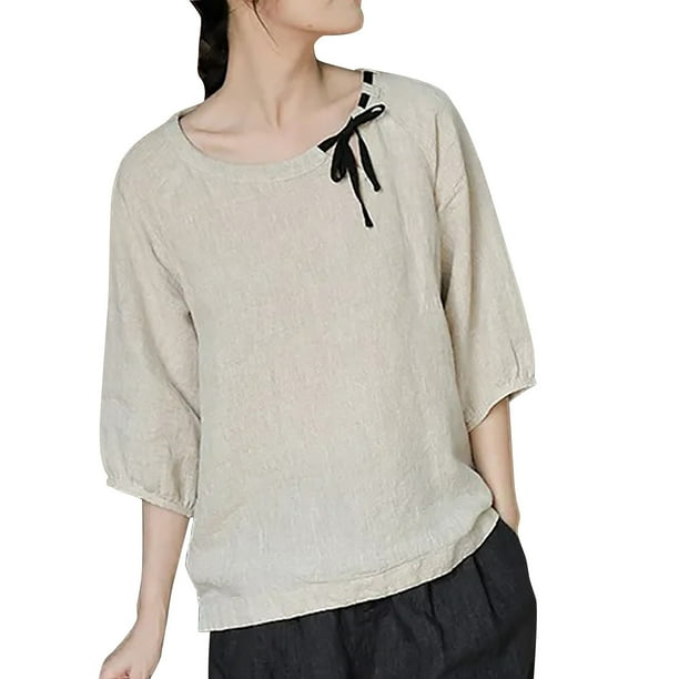 V Cuello Blusas para las Mujeres, de Moda Retro Bordado Cuello Redondo Cinco Cuartos de Manga para el Uso Casual