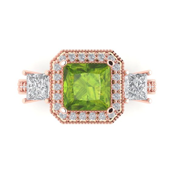 Three-Stone Engagement Ring for Women - 3.005ct Natural Peridot in 14K Rose Gold Promise Ring