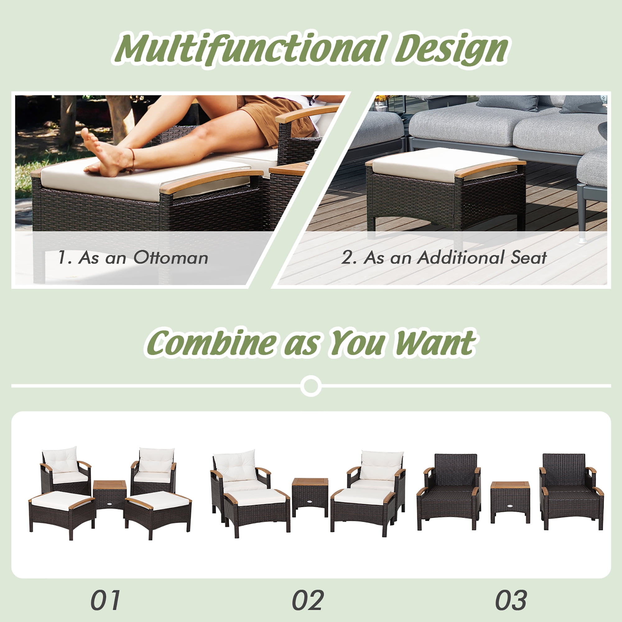 Costway 5PCS Patio Rattan Furniture Set Sofa Ottoman Cushioned Table W/Wood Top