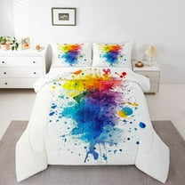 Manfei Art Watercolor Queen Comforter Set for Kid, Colorful Splash Splatter Bedding Comforter Set, Modern Fashion Abstract Reversible Bedding Set, Breathable Home Decor, 3pcs