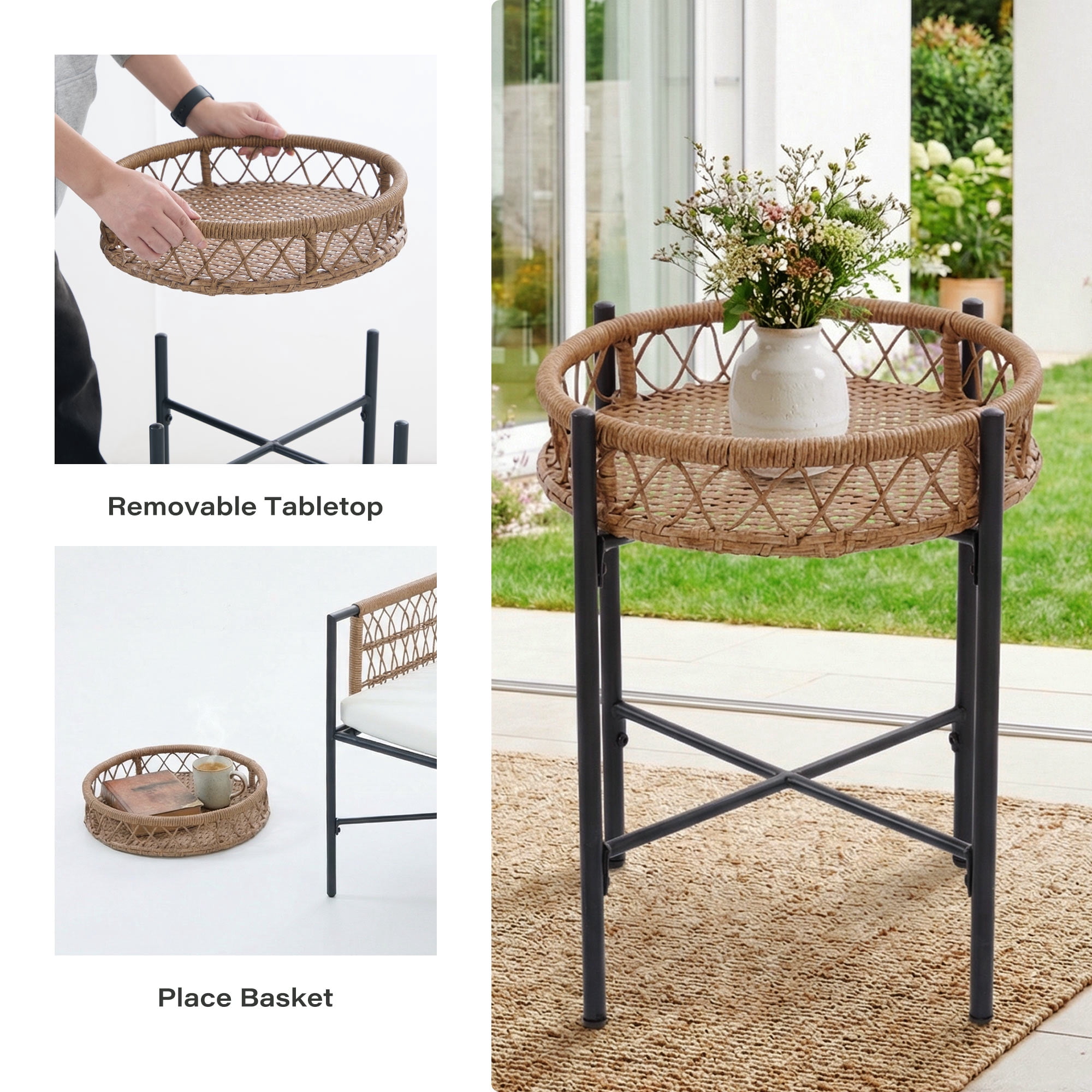 KAMEROUT 5 Pieces Outdoor Furniture Set, Patio Wicker Conversation Set with Beige Cushions for Porch, Balcony, Garden