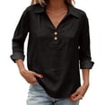 thumbnail image 2 of ManxiVoo V Neck Button Down Blouse for Women 3/4 Sleeve Cotton Linen Shirt Breezy Summer Tops Relaxed Fit Casual Office Wear M Size Black, 2 of 9