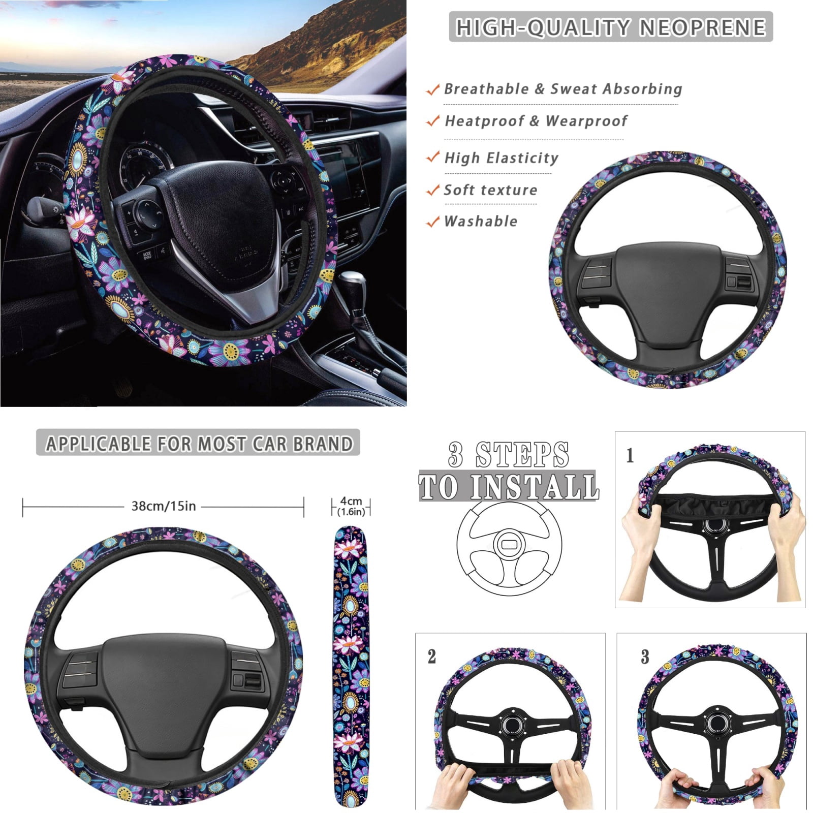 Yuyamidu Colorful Flower Car Seat Covers with Steering Wheel Cover Seat Belt Pads Coasters Waste Bin Armrest Cover Cup Holders Rearview Mirror Cover Handbrake Cover Set 14pcs Auto Accessories