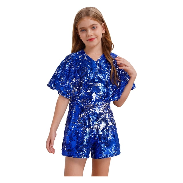 YiZYiF Girls Sequins Jumpsuits Sparkly Rompers V Neck Cap Sleeve Pageant Party Disco Dance Outfits Blue 12