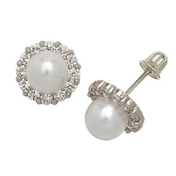 Solid 14k CZ Gold Twelve Stones Pearl Screw Back Stud Earrings (yellow and White) (White Gold) Stud Earring for Women