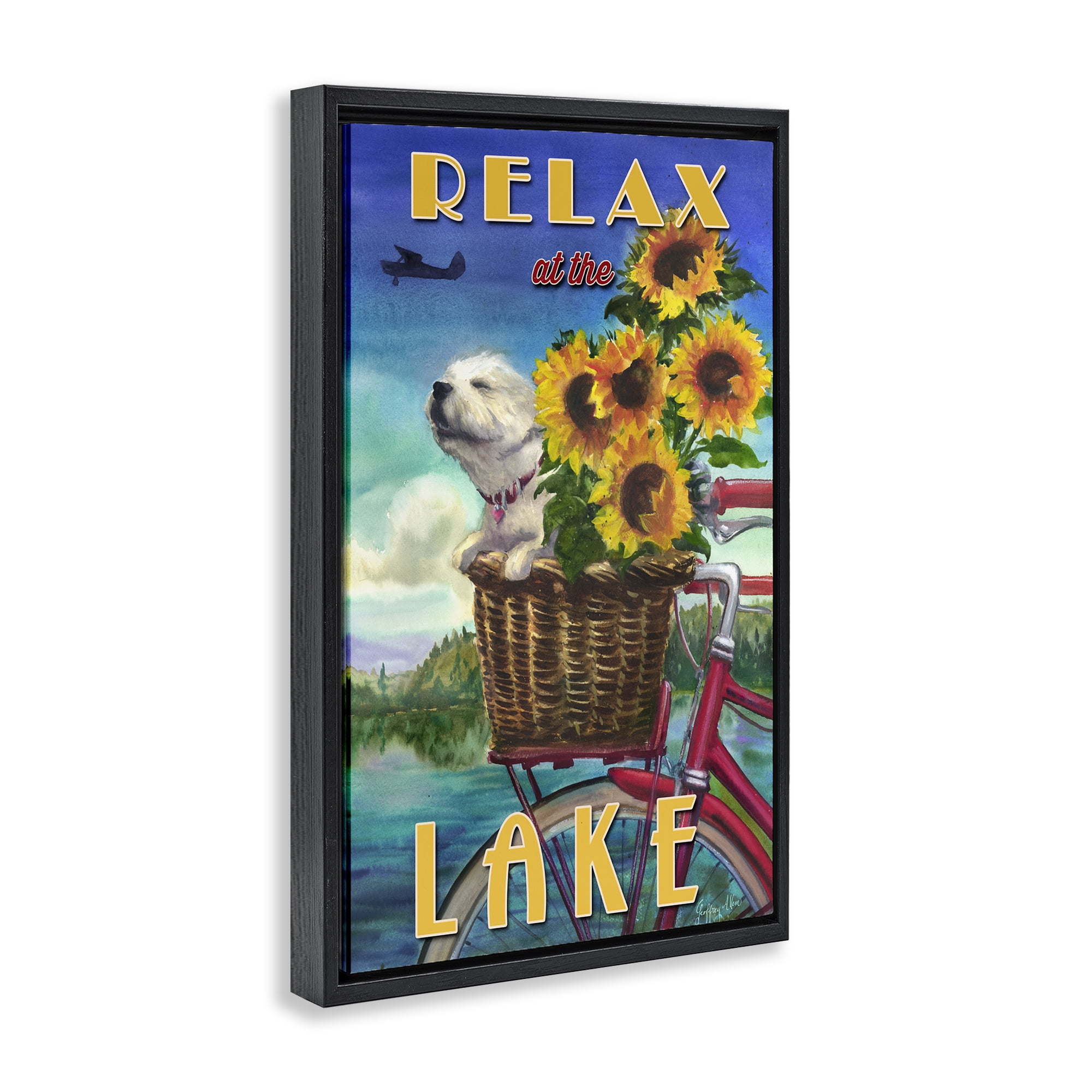 Stupell Industries Dog in Bicycle Basket Animals Painting Black Floater Framed Canvas Art Print Wall Art, 17 x 25