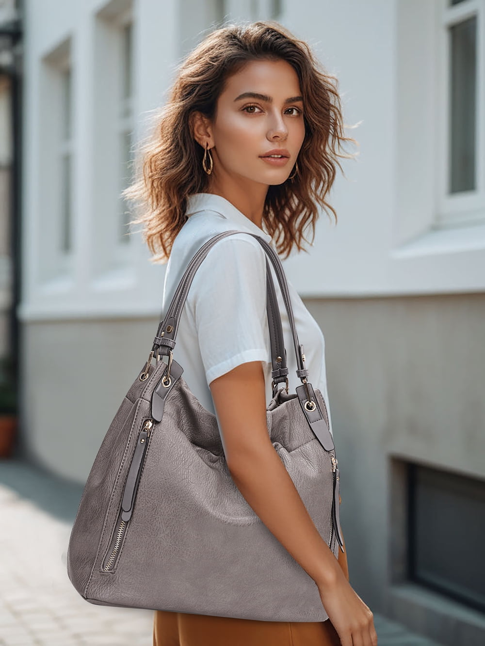 Capamaster Slouchy Hobo Handbag for Women, Soft Faux Leather Shoulder Purse with Top Handles and Front Zipper Pockets, Gray