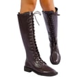 thumbnail image 4 of Women’s Full Lace Up Knee High Combat Boots, Round Toe Low Flat Heel Leather Tall Boots, Side Zipper Moto Riding Shoes Brown 9.5(43), 4 of 9