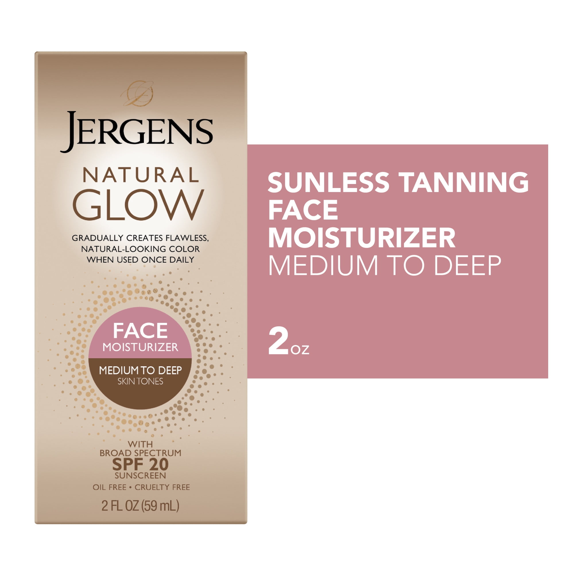 Jergens Natural Glow Sunless Tanning Face Moisturizer Lotion for Medium to Deep Skin Tones, SPF 20, 2 fl oz
