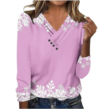 Zkozptok Christmas Shirts for Women V Neck Bottons Long Sleeve Tunic Tops Fall Casual Loose Blouse