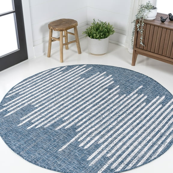 JONATHAN Y SANTA MONICA 5' Round Area Rug, Zolak Berber Stripe Geometric - Blue/Ivory, SMB124C-5R
