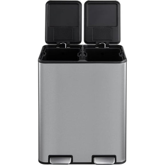 16 Gallon Stainless Steel Dual Recycling Trash Can, Rectangular Step-On Garbage Bin with Removable Inner Bucket