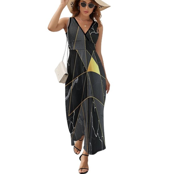 Vestido Largo Sin Mangas Para Mujer, Black Gold Marble Triangular Geometry Traje Informal Para Cumpleaños, Verano