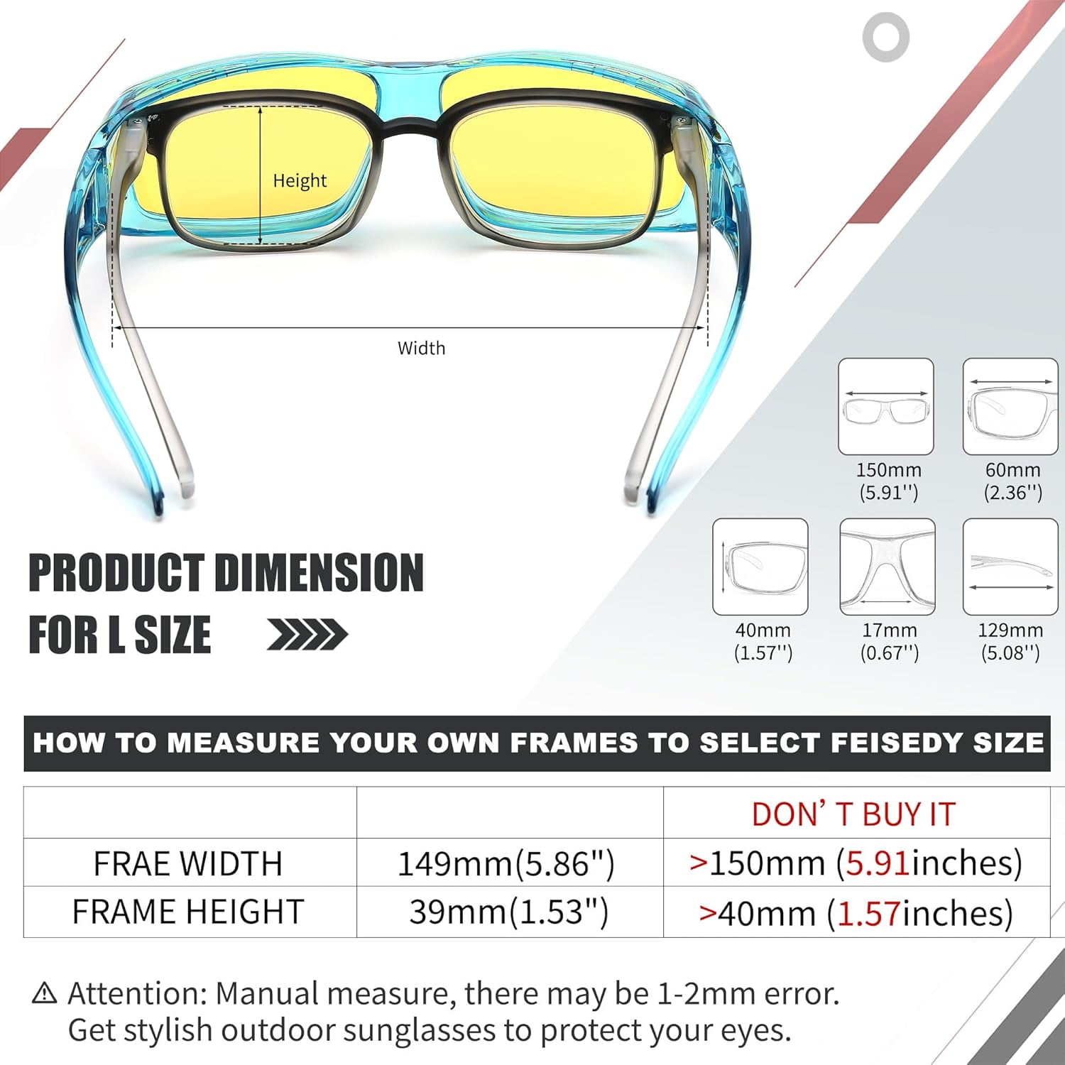 FEISEDY Men Women Night Driving Glasses Fit over Glasses Anti-Glare Polarized Wrap Yellow Sunglasses Over Glasses B2593
