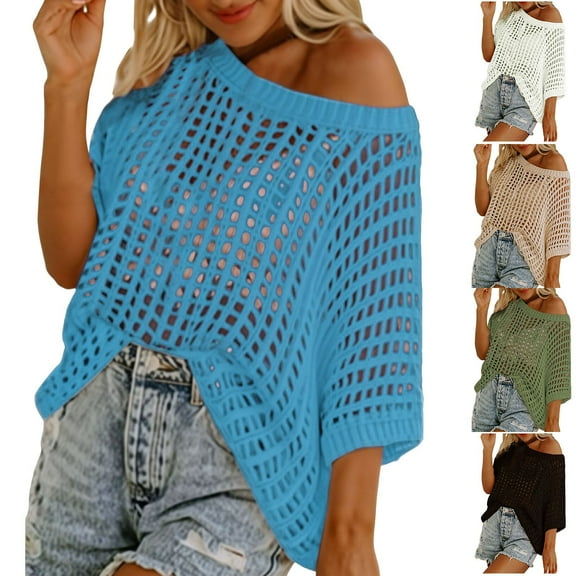 Crochet Tops For Women Boho Summer Scoop Neck Short Sleeve Sweater Casual Crochet Hollow Out Knit Tops Pullover Shirts Beach Coverup