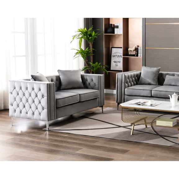 Gray Loveseat with Pocket Coil and Button Tufting / High - Quality Seating for Home