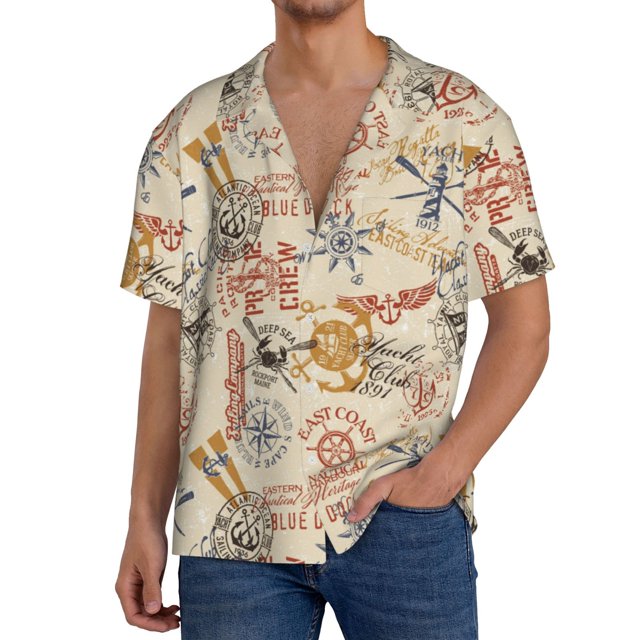 Fotbe Vintage Nautical Camisa Estampada de Manga Corta para Hombre, Casual de Verano, Estilo Playero, Sin Arrugas-XX-Large