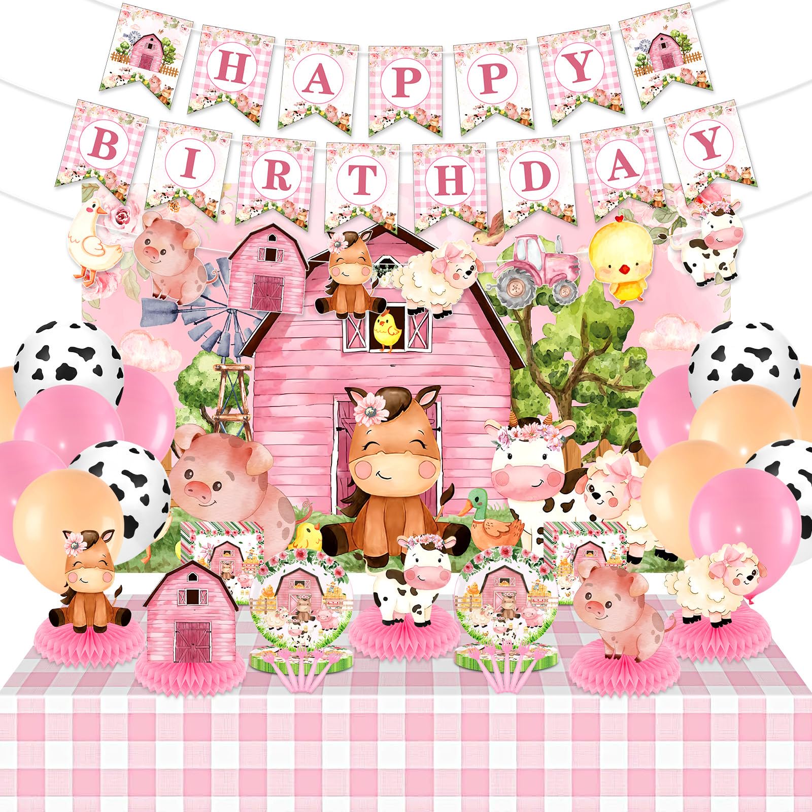 Pink Farm Animal Theme Birthday Party Supplies Decorations Set for Girl Baby Shower Farm Animal Happy Birthday Banner Backdrop Balloon Tablecloth Plate Napkins Forks Honeycomb Centerpiece VT01