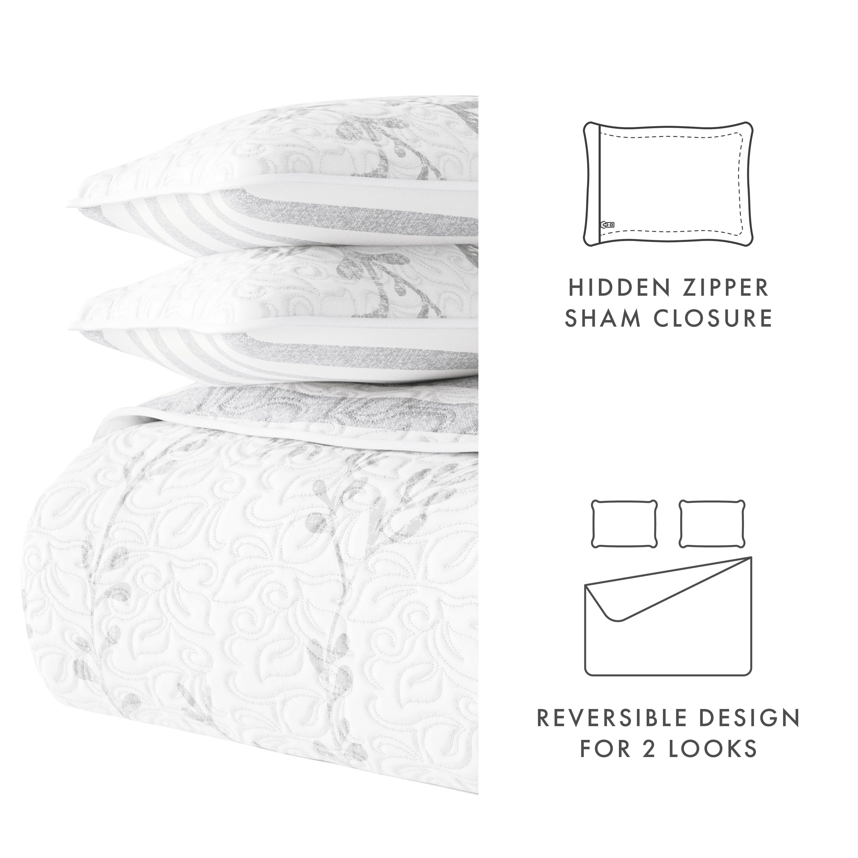 Noble Linens Light Gray 3 Piece Sprouting Vines Stripe Reversible Microfiber Quilt Set, King / CalKing