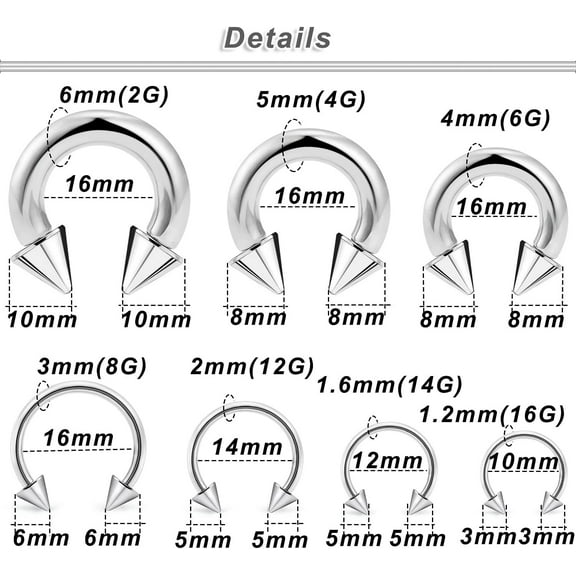 GHRTGR-0G 2G 4G 6G 8G 12G 14G 16G Septum Stretching Kit Surgical Steel Horseshoe Gauges Piercing Kit for Women Men