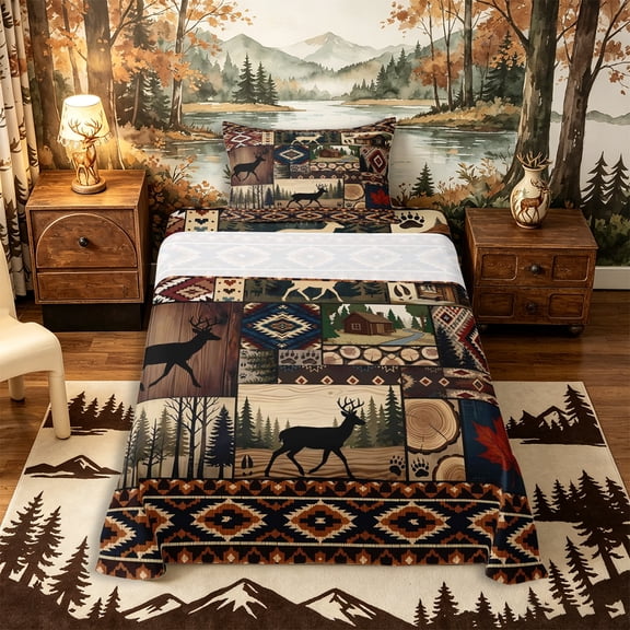 Castle Fairy Rustic Patchwork Western Wildlife Twin Sheets 3pcs,Aztec Plaid Cabin Pine Paw Print Bedding,Brown Red Cream,1 Fitted Sheet, 1 Flat Sheet and 1 Pillowcase