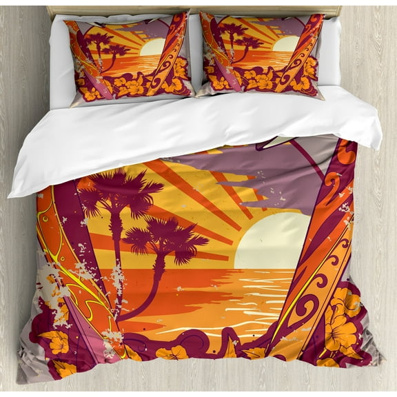 Tropical Duvet Cover Set, Retro Summertime Typography with Surfboards and Exotic Plants Graphic, Decorative 3 Piece Bedding Set with 2 Pillow Shams, Queen Size, Orange Maroon Bluegrey, by Ambesonne