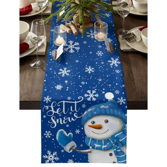 Blue Christmas, Table Runner Winter Snowflake Snowman Tablerunners 13 x 108 Inch, Table Decorations Tabletop Scarf for Summer Gathering Holiday Farmhouse Kitchen Dining Decor