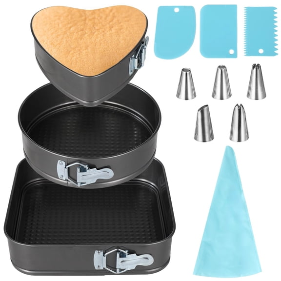 3 PCS Springform Cake Pans Set with Piping Bag Nozzles Scrapers, Non-Stick Cheese Cake Pans, Leakproof Cake Pans for Baker & Baking Enthusiast, Including Heart Round Square Shape