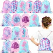 16 Pcs Mermaid Drawstring Backpack Bulk Mermaid Party Favor Bags Candy Gifts Goodie Treat Bags for Birthday Under the Sea Ocean Theme Decoration 10 x 12 Inch