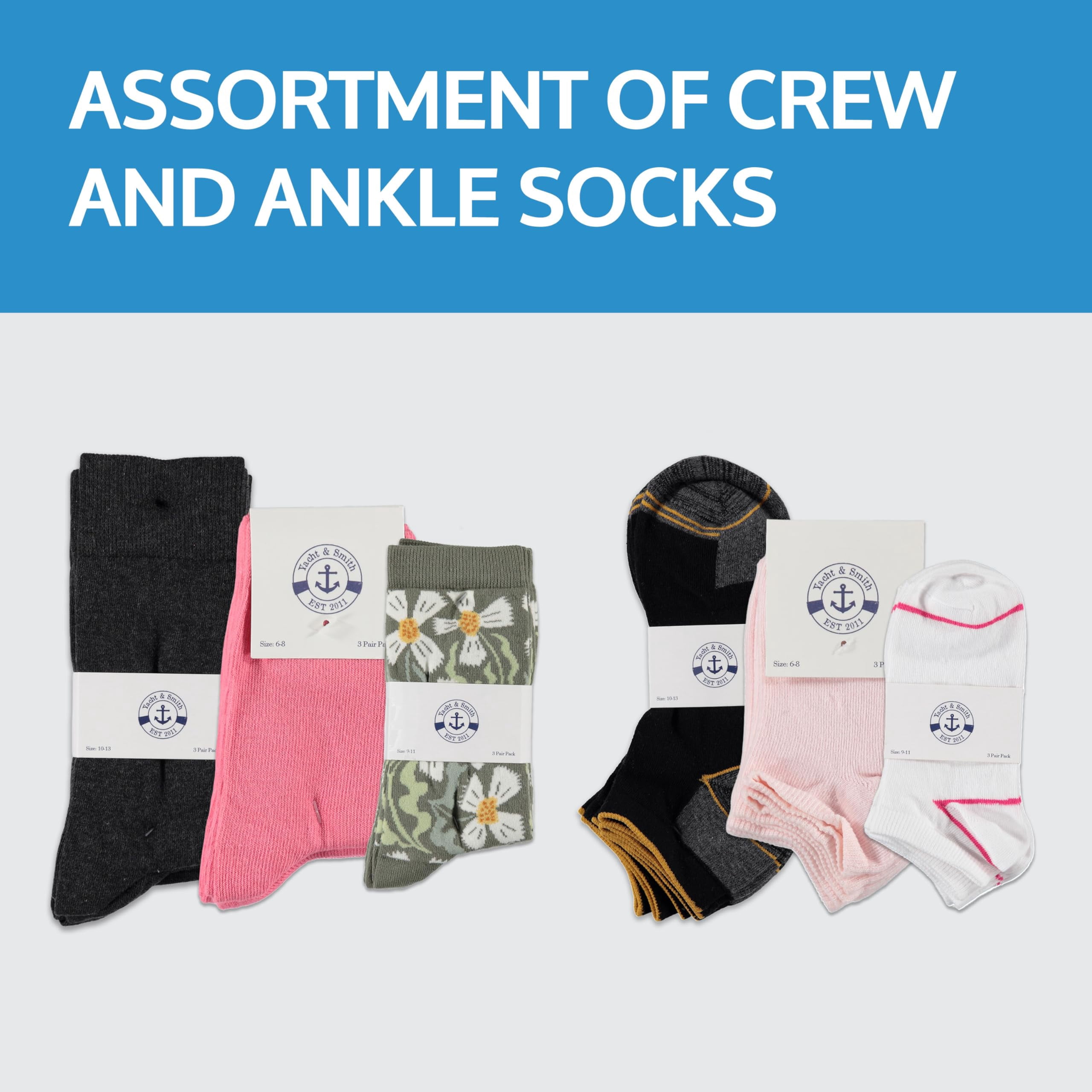 Yacht & Smith 180 Pairs Wholesale Sample Socks Mens, Women's, Kids, Crew and Ankle Socks - Mixed Assorted Random Colors Wholesale Lot Bulk, Great for Donating Shelters