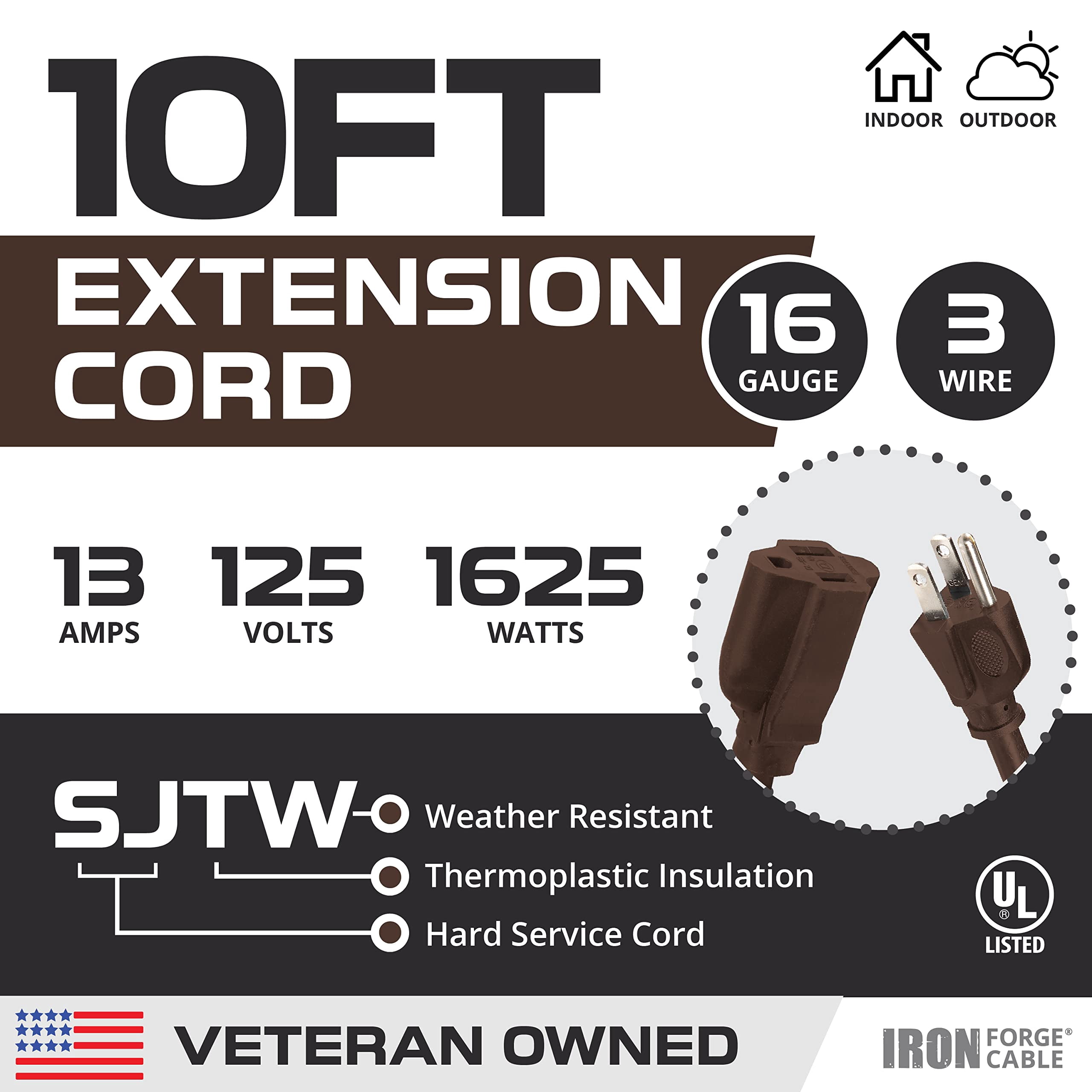 Iron Forge Cable Outdoor Brown Extension Cord 10 ft - 16 Gauge 13 Amp Heavy Duty Brown Outdoor Extension Cords 3 Prong - 16/3 SJTW - Great for Outdoor